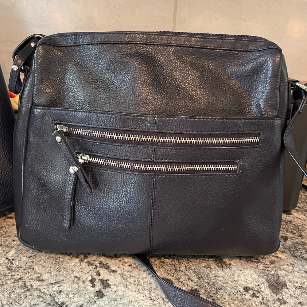 Navy Blue Leather Crossbody Bag with Front Zip Pockets